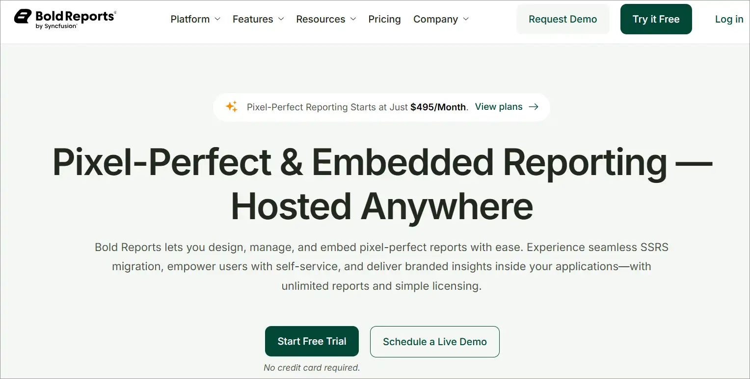 Bold Reports webpage highlights pixel-perfect reporting, SSRS migration, ease of use, with trial and demo options.