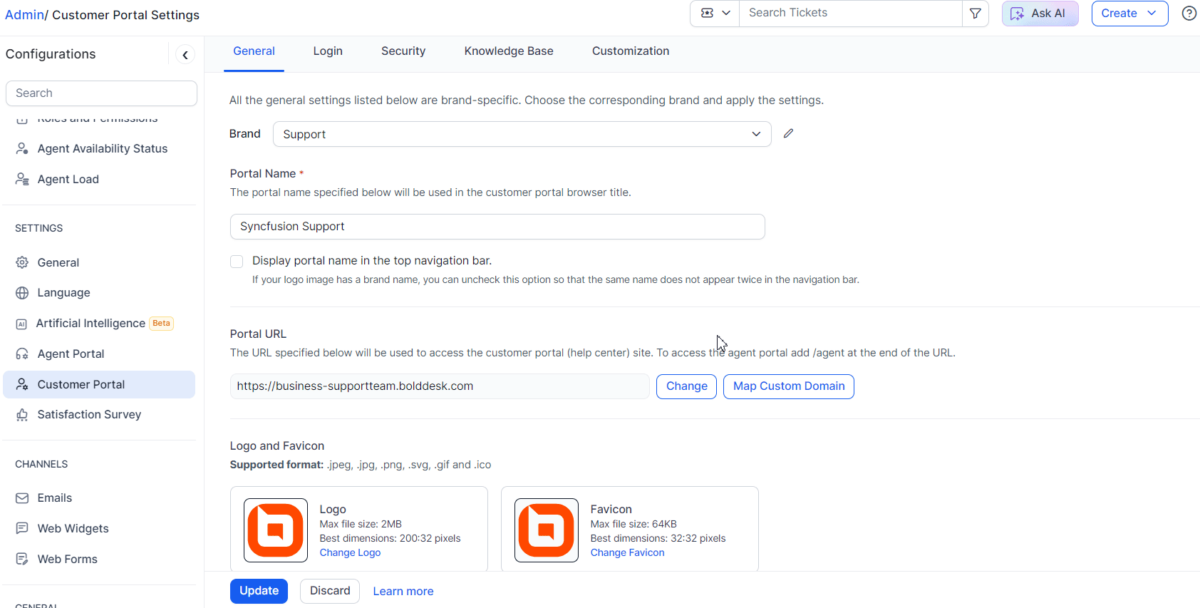Admin interface demo updating portal name and URL under Customer Portal configuration