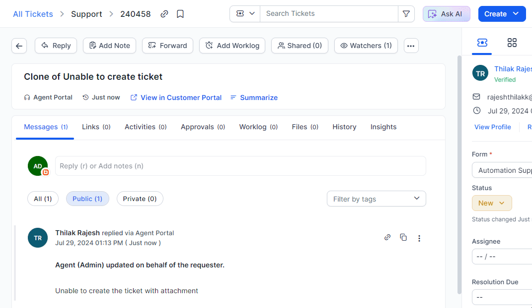Change Ticket Brand form with fields for category, assignee, priority, type, tags, and a highlighted Submit button.