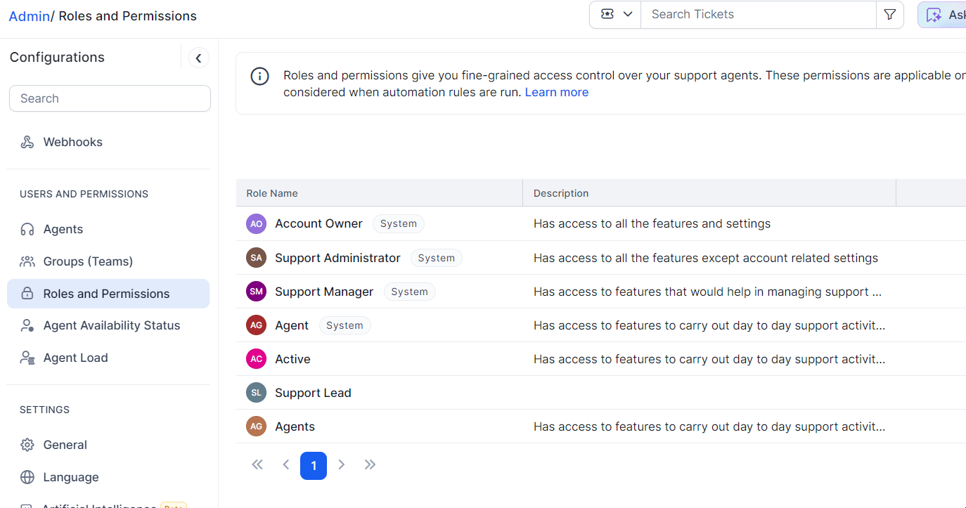 Admin Roles and Permissions page listing roles like Account Owner, Support Administrator, and Agent with access details.