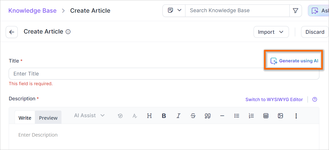 Knowledge base article editor with title, description, formatting tools, and a highlighted AI Assist button.