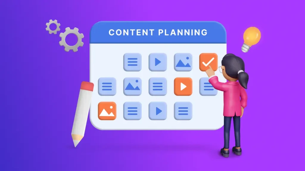 Content planning calendar showing scheduled topics, formats, and tasks to organize and manage a complete content plan