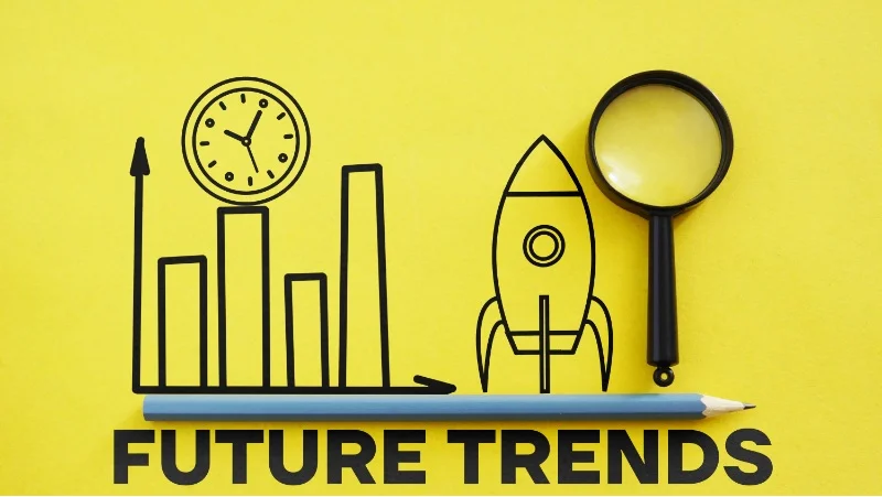 Yellow background with black line art of clock, bar chart, rocket, and magnifying glass underlining Future Trends text