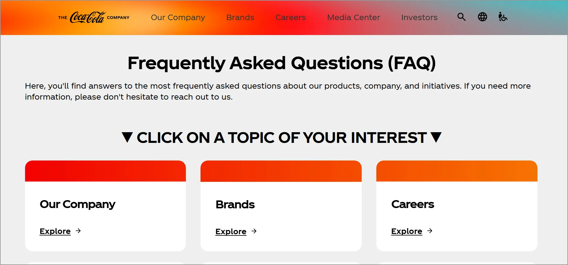 Coca-Cola FAQ page example with topic-based frequently asked questions and simple customer support design