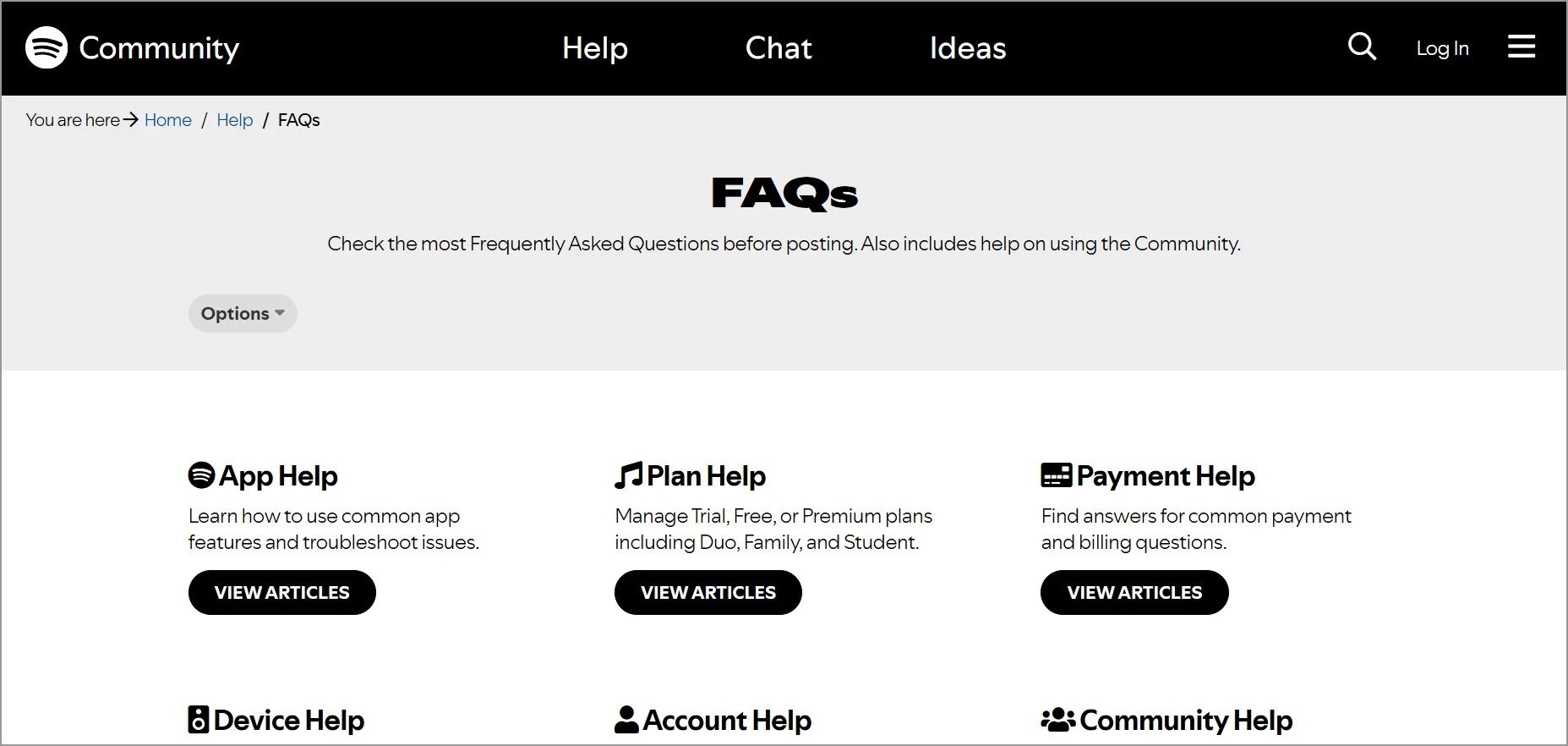 Spotify FAQ page example featuring categorized frequently asked questions and app support help sections