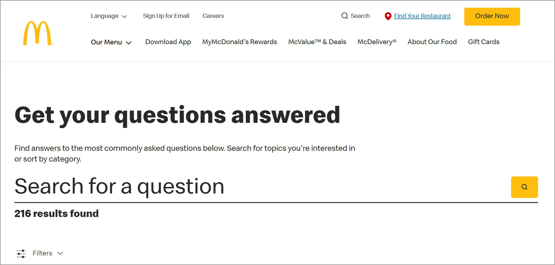 McDonald’s FAQ page example with searchable customer questions and food, orders, and services support