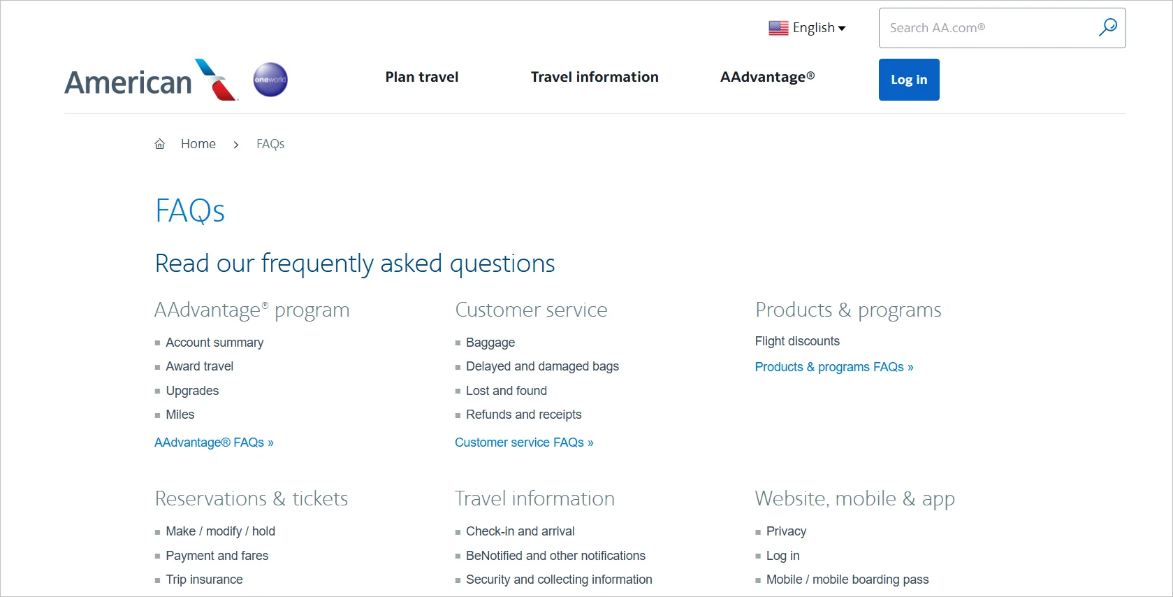 FAQ page example with categorized customer service and travel support frequently asked questions