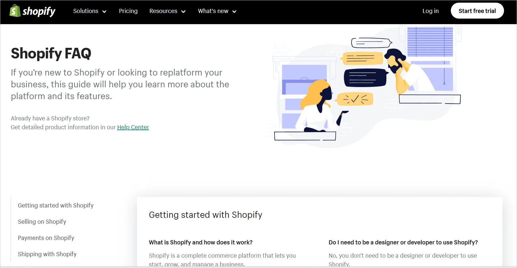 Shopify FAQ page example highlighting eCommerce platform FAQs for store setup, payments, and selling online