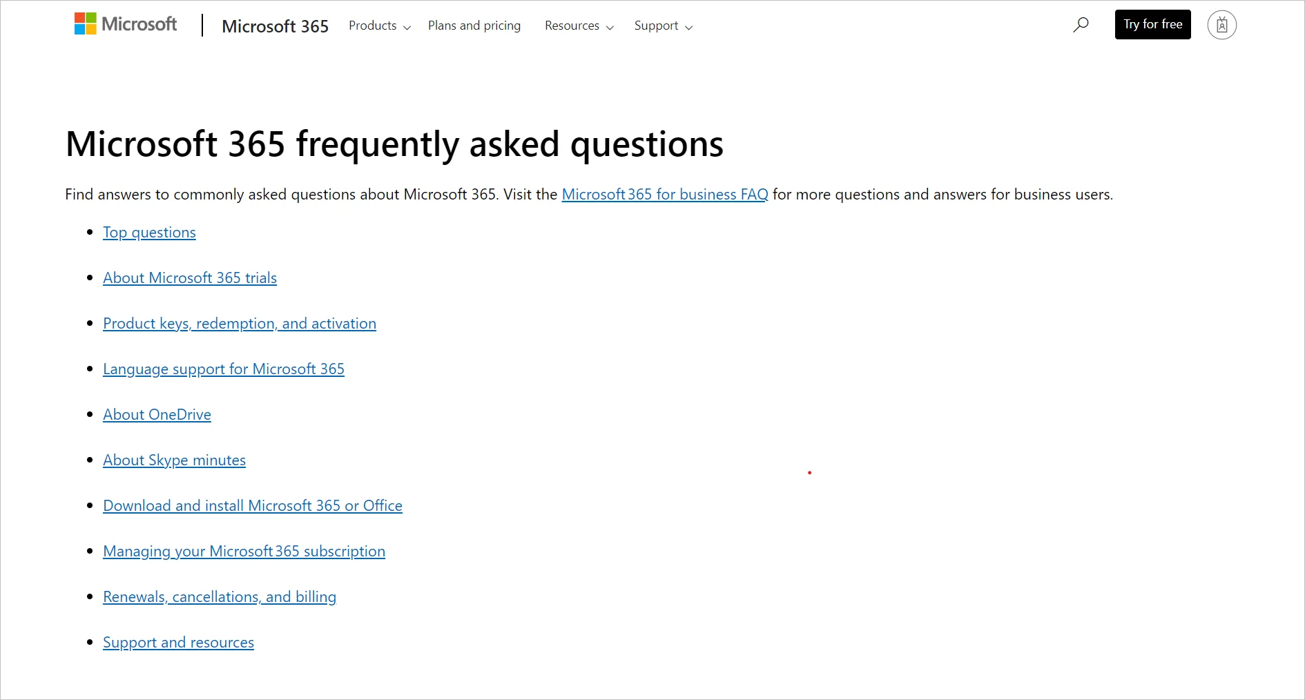 Microsoft 365 FAQ page example listing common questions about subscriptions, setup, and product usage