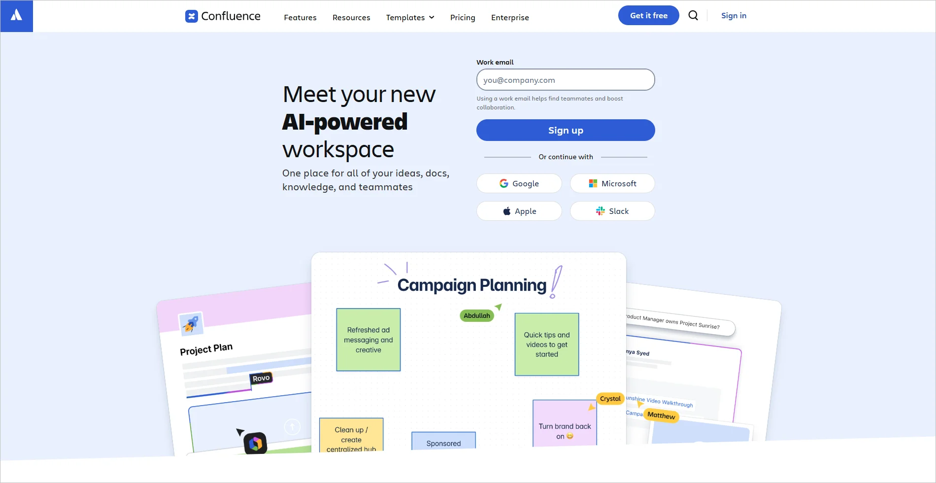 Confluence landing page showcasing AI-powered workspace, collaborative tone, signup form, integrations, and planning tools.