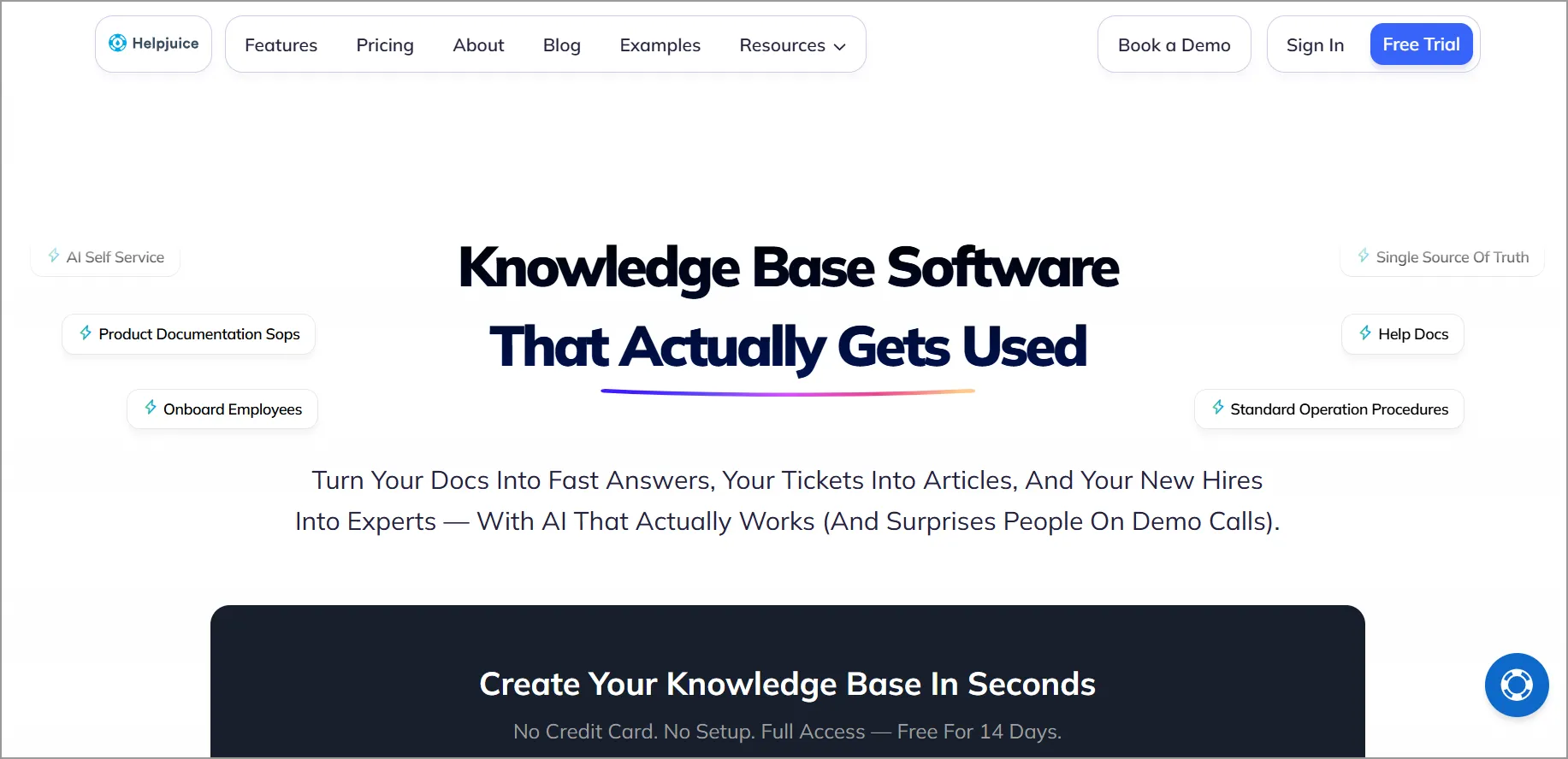 Helpjuice homepage featuring tagline “Knowledge Base Software That Actually Gets Used” with CTAs and feature highlights.