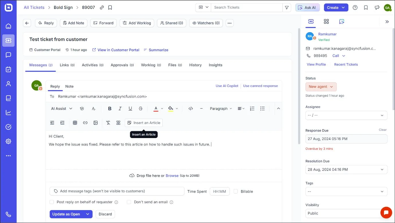 BoldDesk help desk showcasing internal knowledge base integration for faster issue resolution