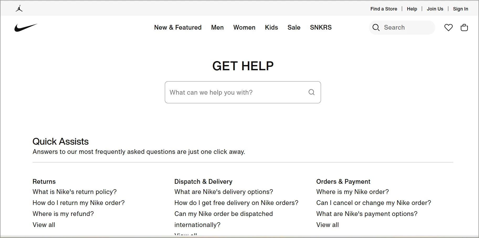 Nike FAQ page example with quick assist FAQs for orders, delivery, returns, and customer service support
