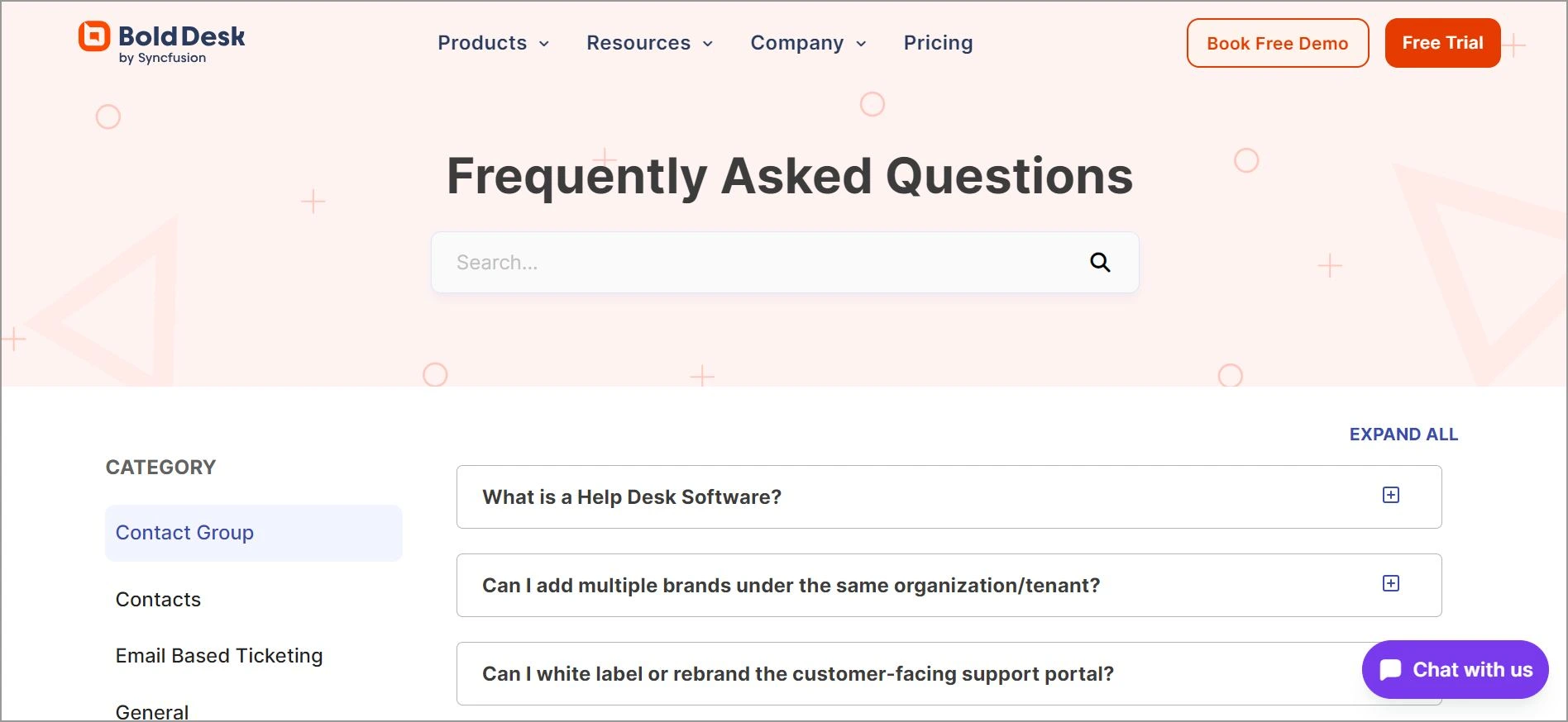 BoldDesk FAQ page example with searchable frequently asked questions layout for SaaS help desk customer support
