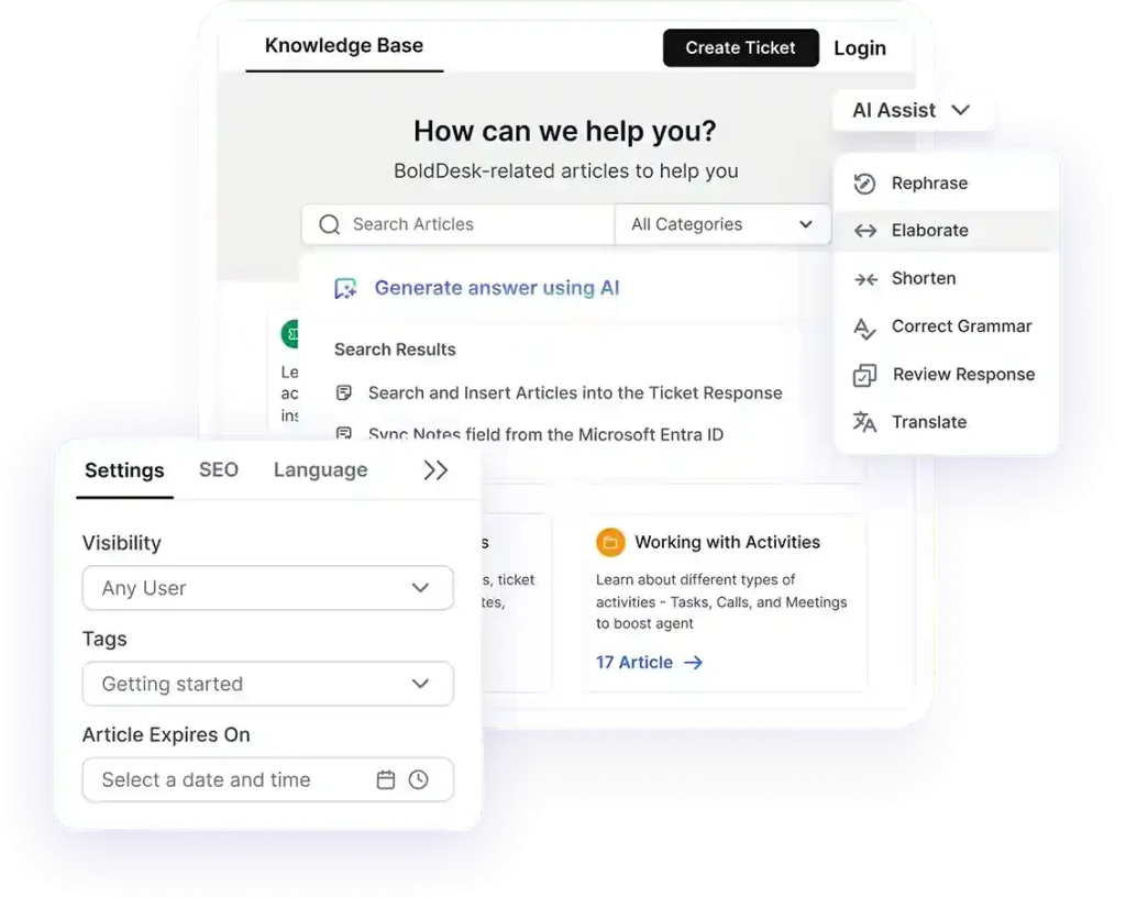 Knowledge base dashboard featuring AI article search, AI-generated answers, and content management settings.