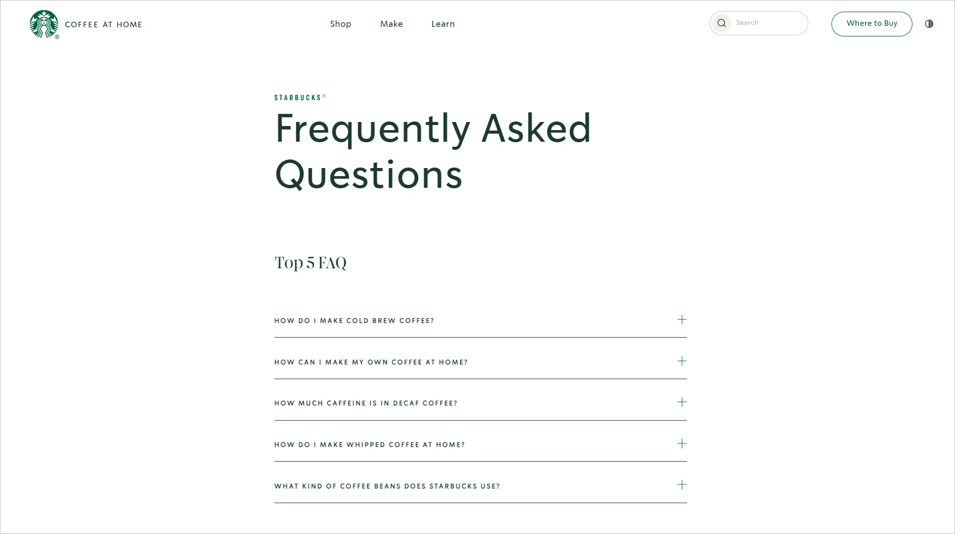 Starbucks FAQ page example with top frequently asked questions about coffee, products, and customer support