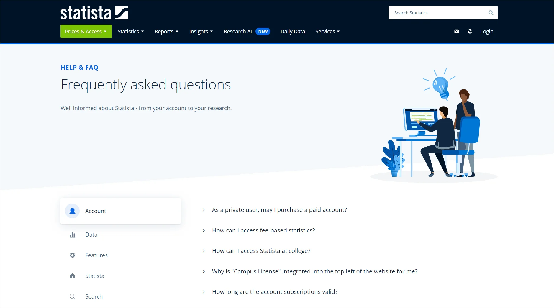 Statista FAQ page example with categorized frequently asked questions for accounts, data access, and subscriptions