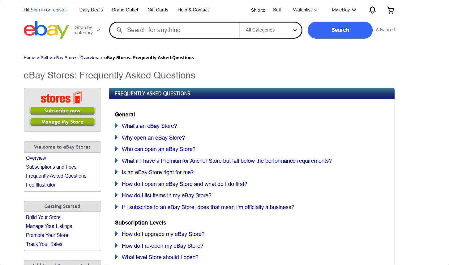 eBay FAQ page example displaying eCommerce frequently asked questions for sellers and online store management