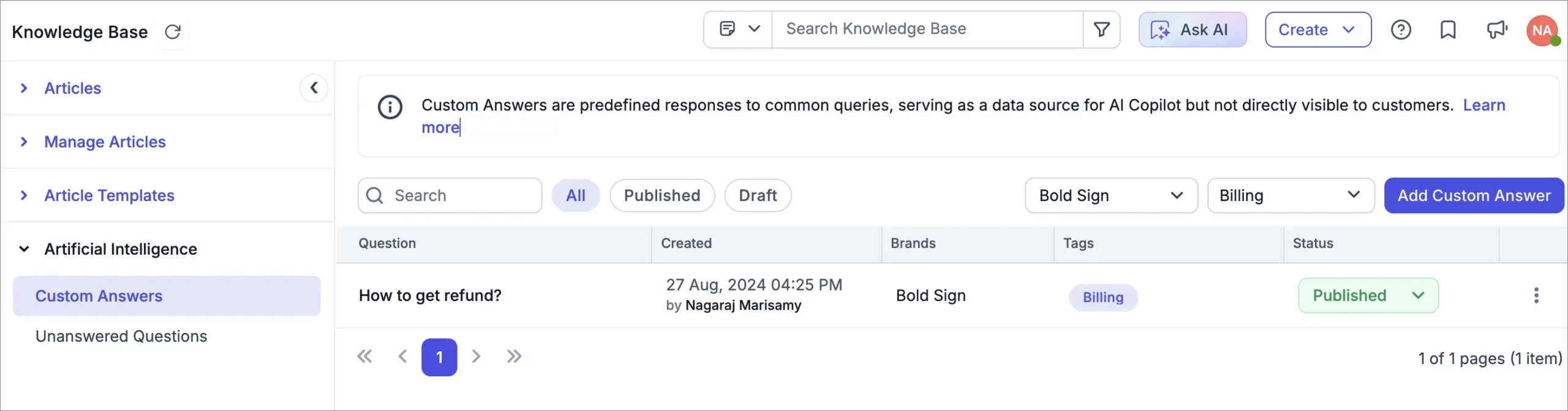 Knowledge base interface showing Custom Answers section with refund query published.