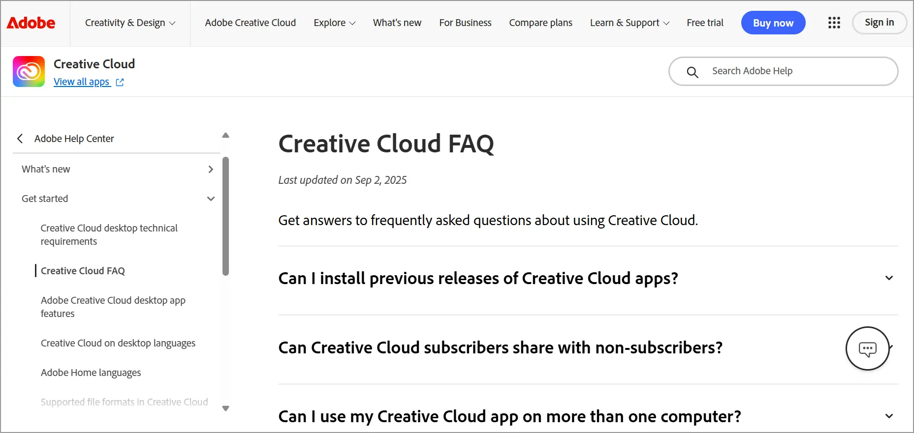 Adobe Creative Cloud FAQ page example showing categorized frequently asked questions and help center layout