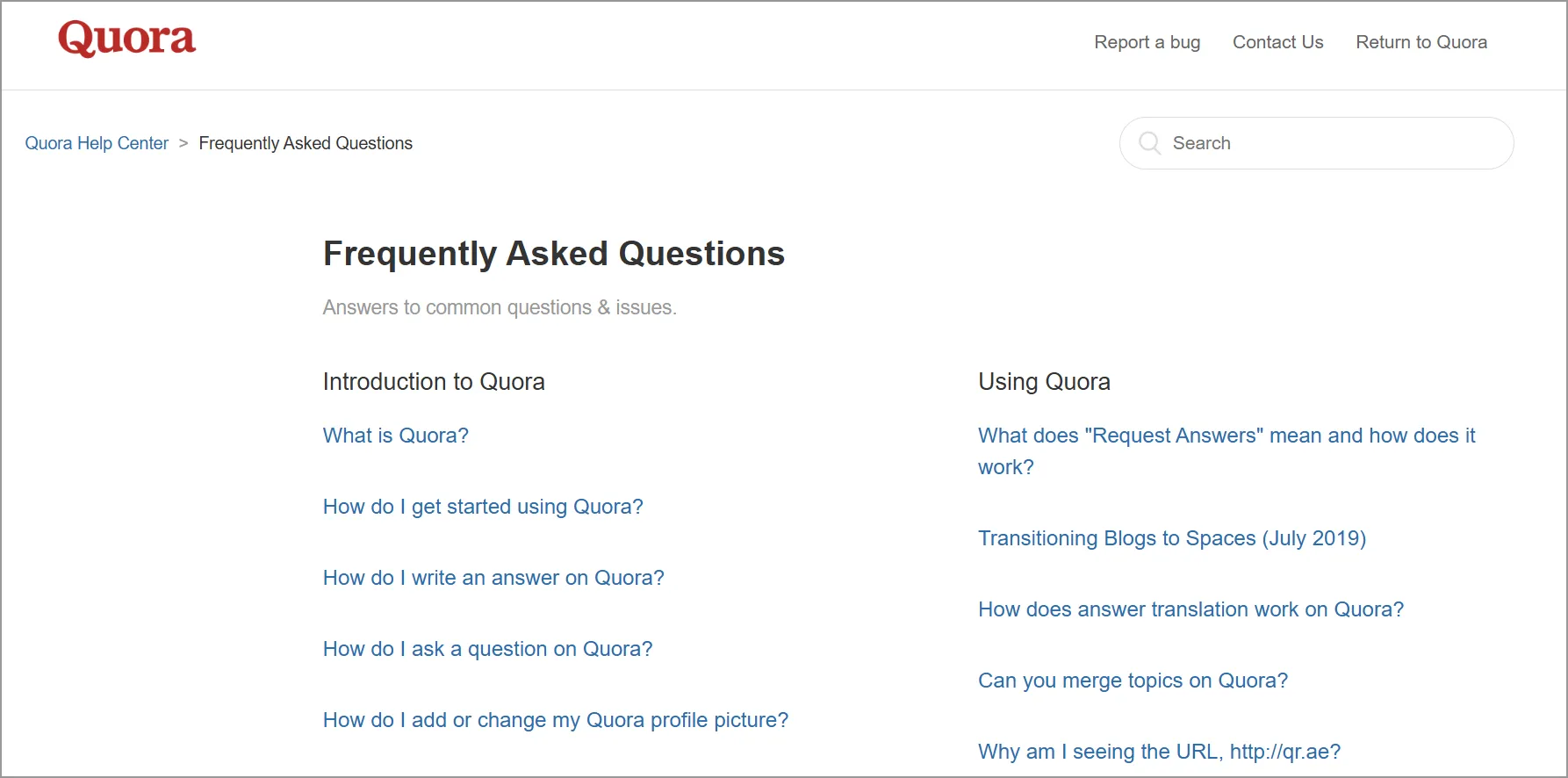 Quora FAQ page example showing frequently asked questions about account usage, answers, and platform features