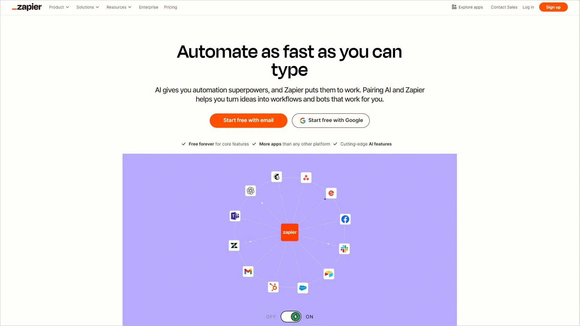 Zapier homepage highlighting ecommerce automation tools with app icons, purple branding, and messaging about fast workflows