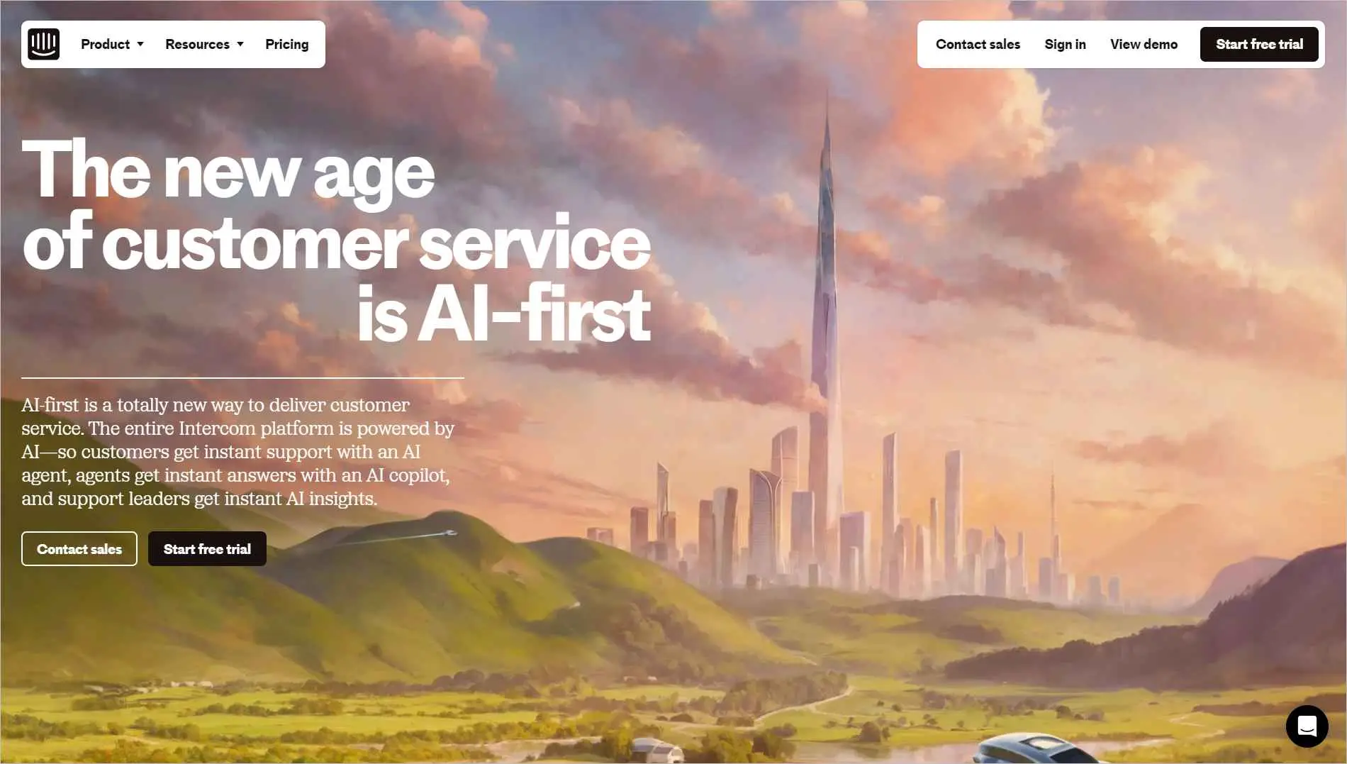 AI-first customer service concept shown on a green landscape, and messaging about modern support tools