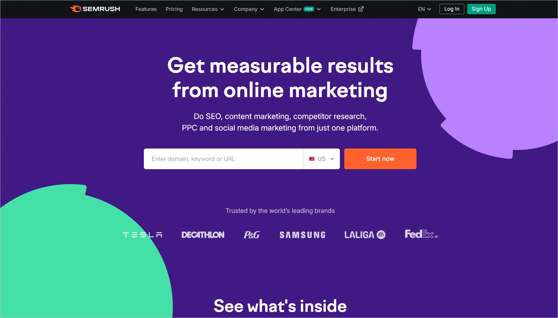 Online marketing tools homepage with search bar, call-to-action button, and trusted global brand logos on purple layout.