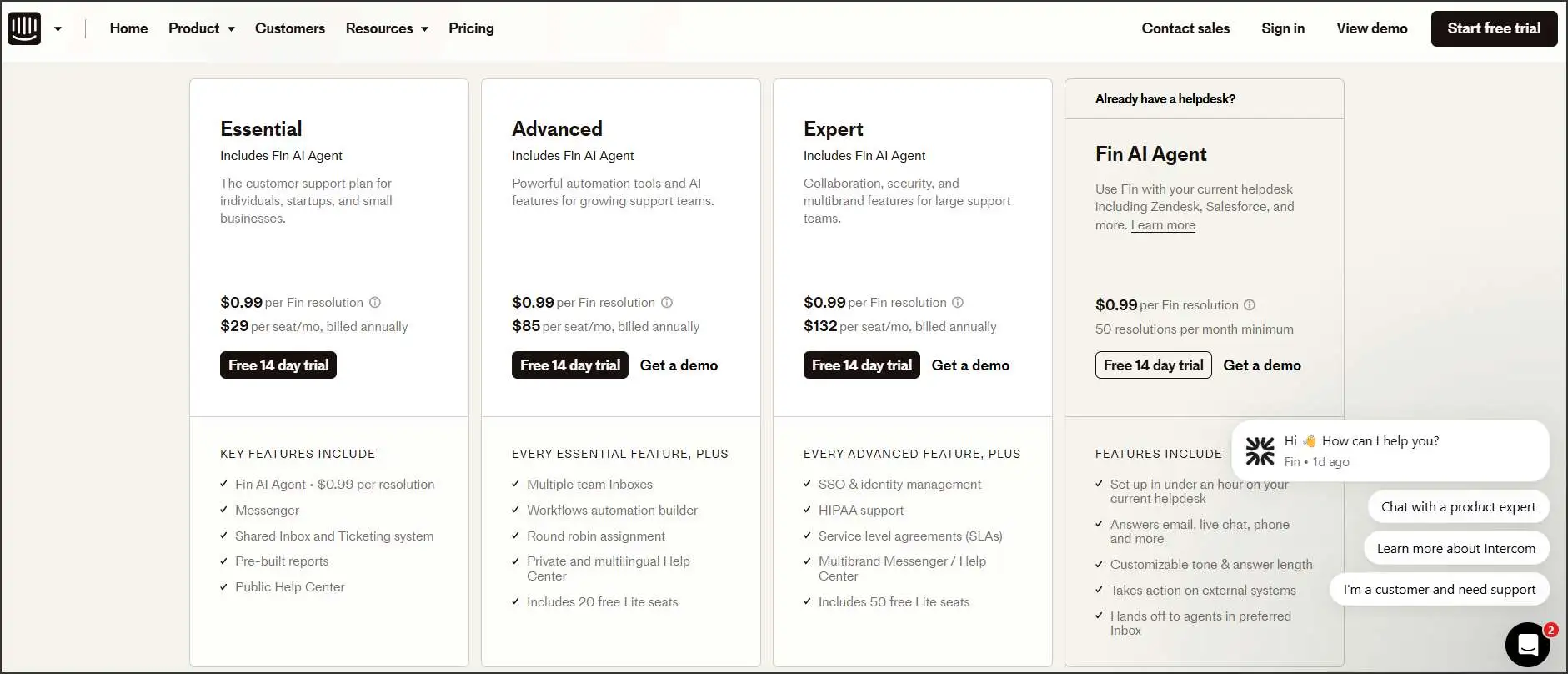 Intercom's pricing tiers