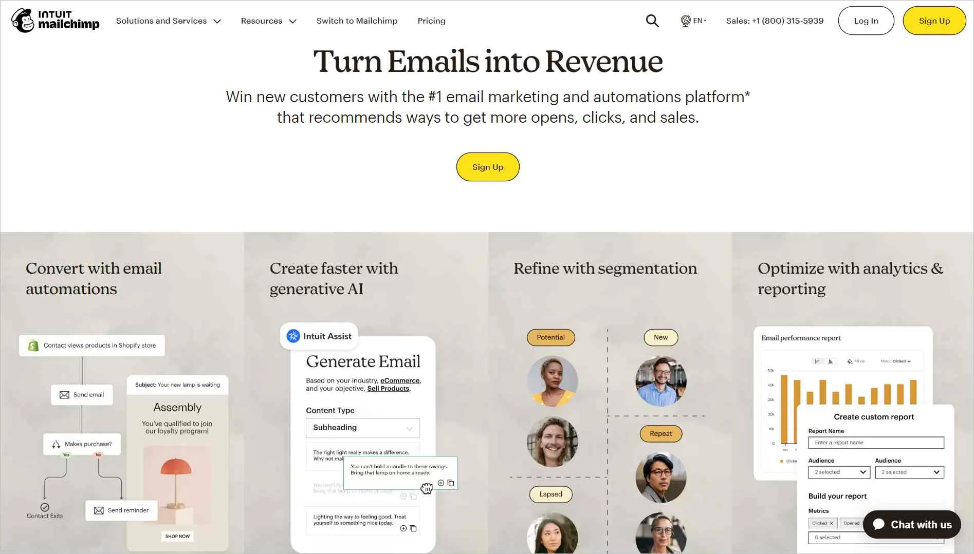 Mailchimp homepage presenting ecommerce marketing tools with email automation, features, analytics, and signup options