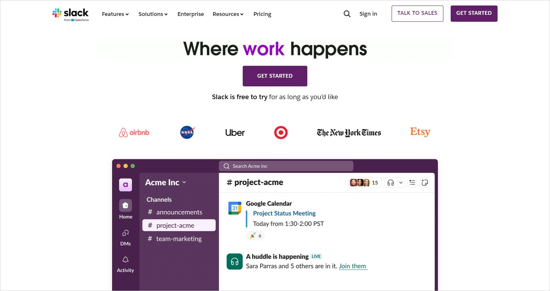 Slack homepage showing team channels and messages with the tagline ‘Where work happens.