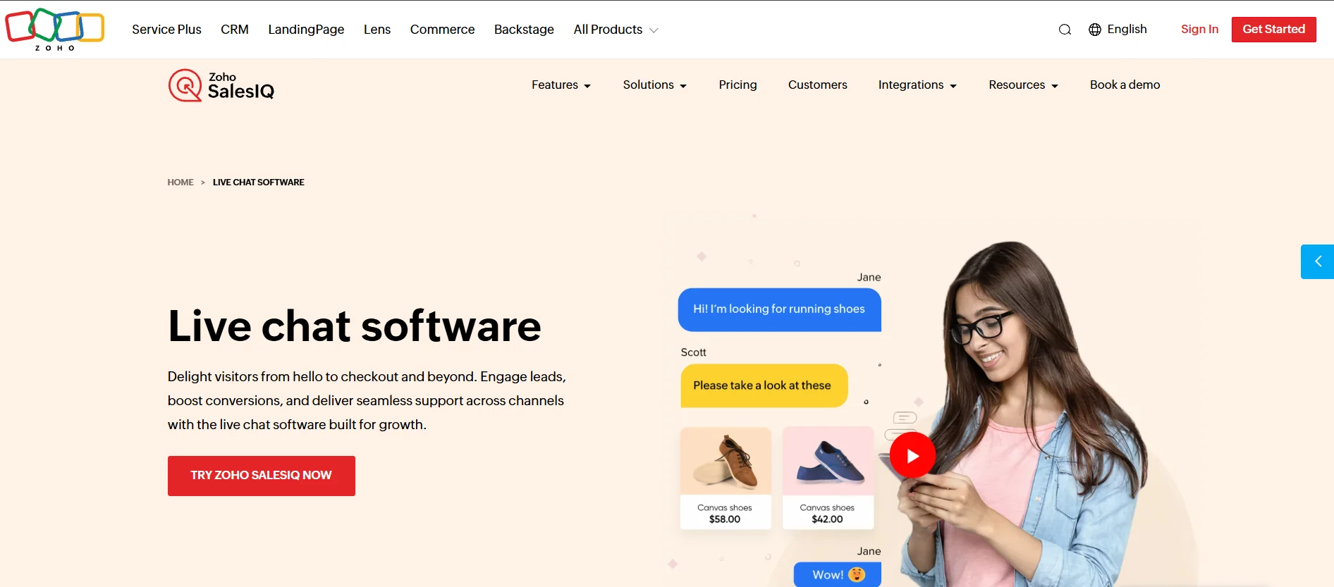 Zoho Desk ecommerce live chat and business messaging interface for real-time customer support.