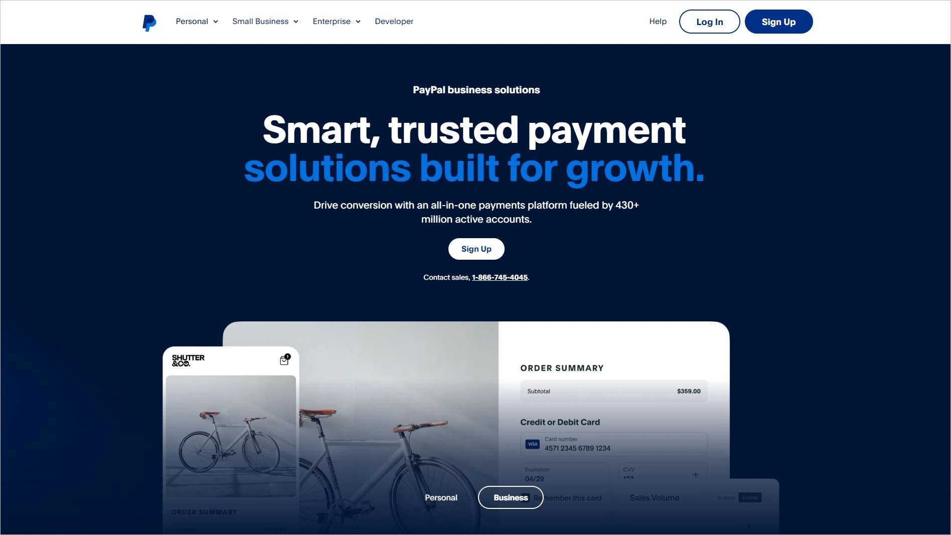 PayPal homepage highlighting ecommerce payment tools with secure checkout messaging, order summary, and business options