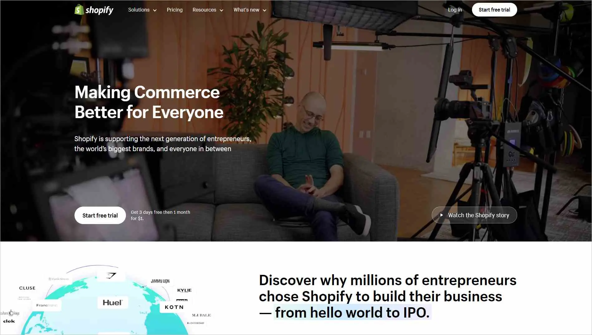 Shopify homepage showing filming gear and a global map representing ecommerce tools supporting entrepreneurs worldwide