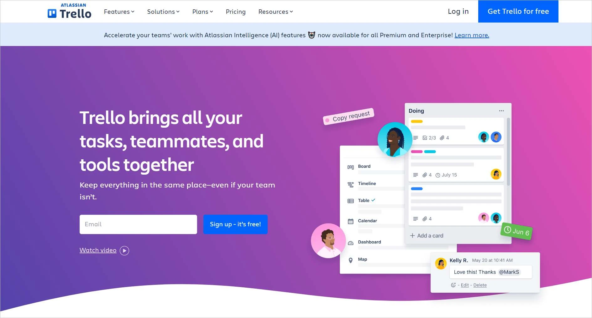 Trello homepage showcasing project collaboration tools with sample task board, team avatars, comments, and sign-up form