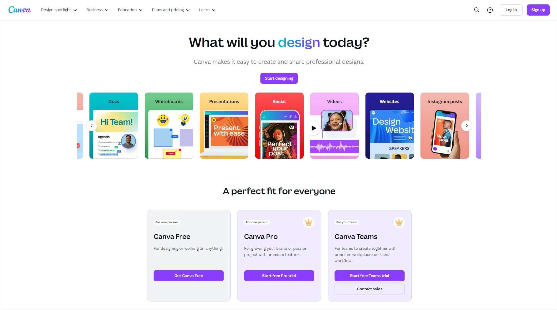Canva homepage showcasing design tools with templates for documents, social posts, videos, and team collaboration
