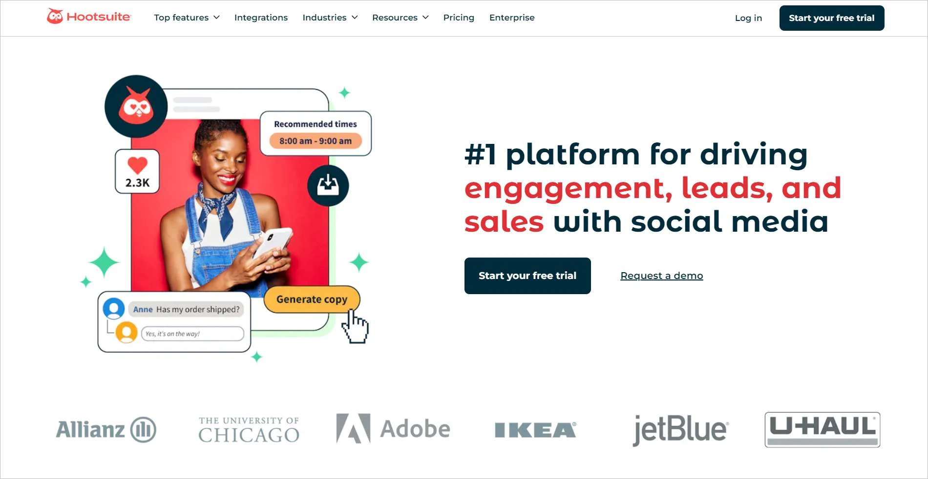 Social media marketing platform image showing influencers using a smartphone with likes, chats, and trusted logos