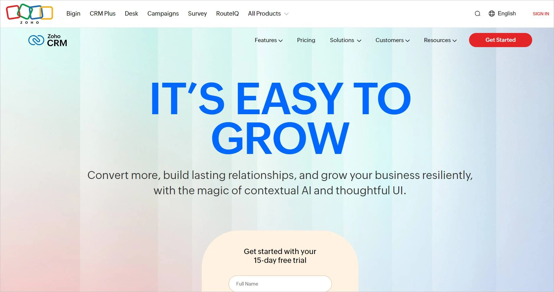 Zoho Desk homepage featuring growth-focused ecommerce tool with pastel gradient design and free trial call to action