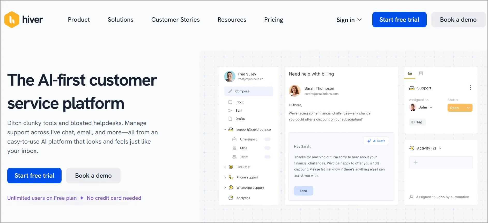 Hiver homepage: 'The AI-first customer service platform.' Diverse team visuals, free trial, and chat support pop-up