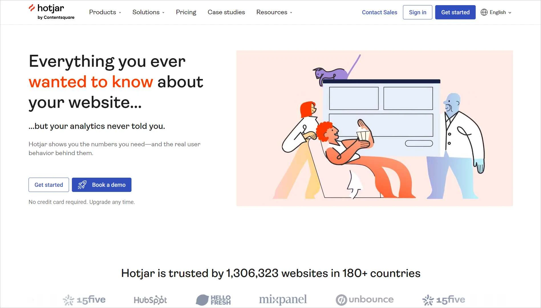 Hotjar homepage presenting website analytics tools with illustration of users analyzing data and messaging about insights