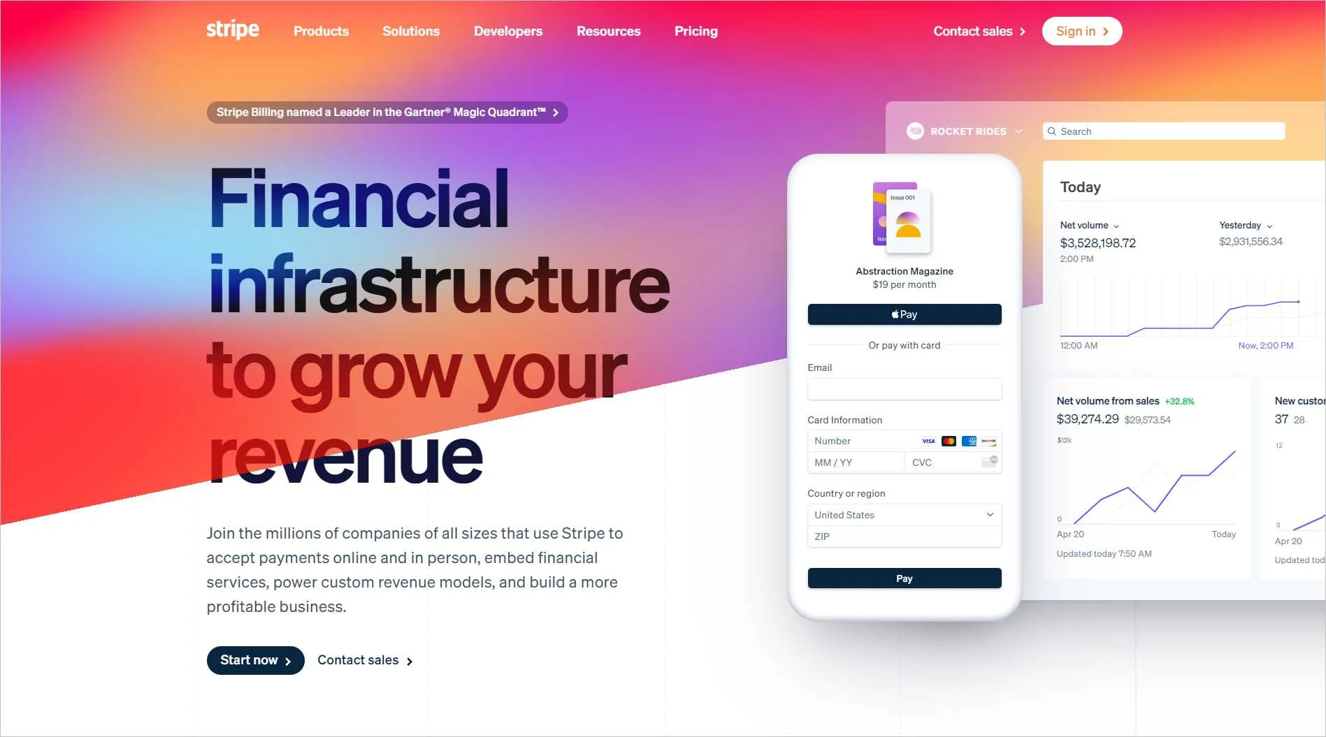 Stripe homepage presenting ecommerce financial tools with subscription interface, and revenue analytics