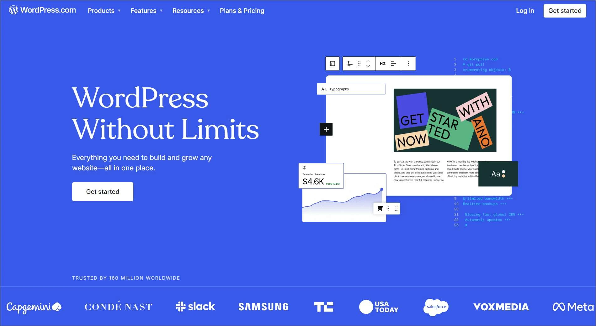 WordPress homepage promoting website building tools with design interface graphics, coding elements, and trusted logos