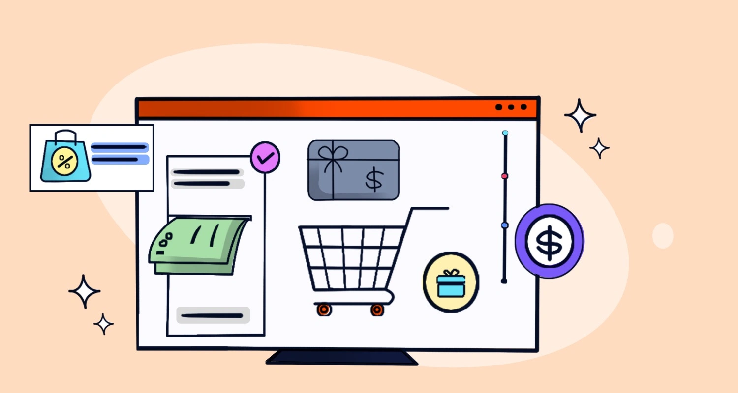 Infographic of shopping cart, card, and pricing icons on a screen representing ecommerce tools on light orange background