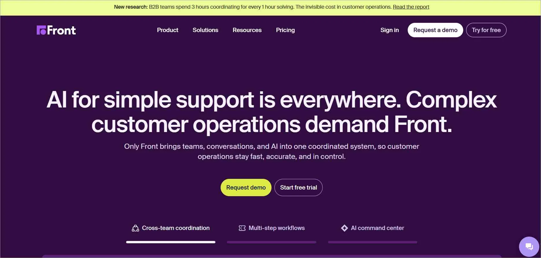 Best Ticketing system Front customer support homepage with cross-team collaboration, demo, and free trial buttons