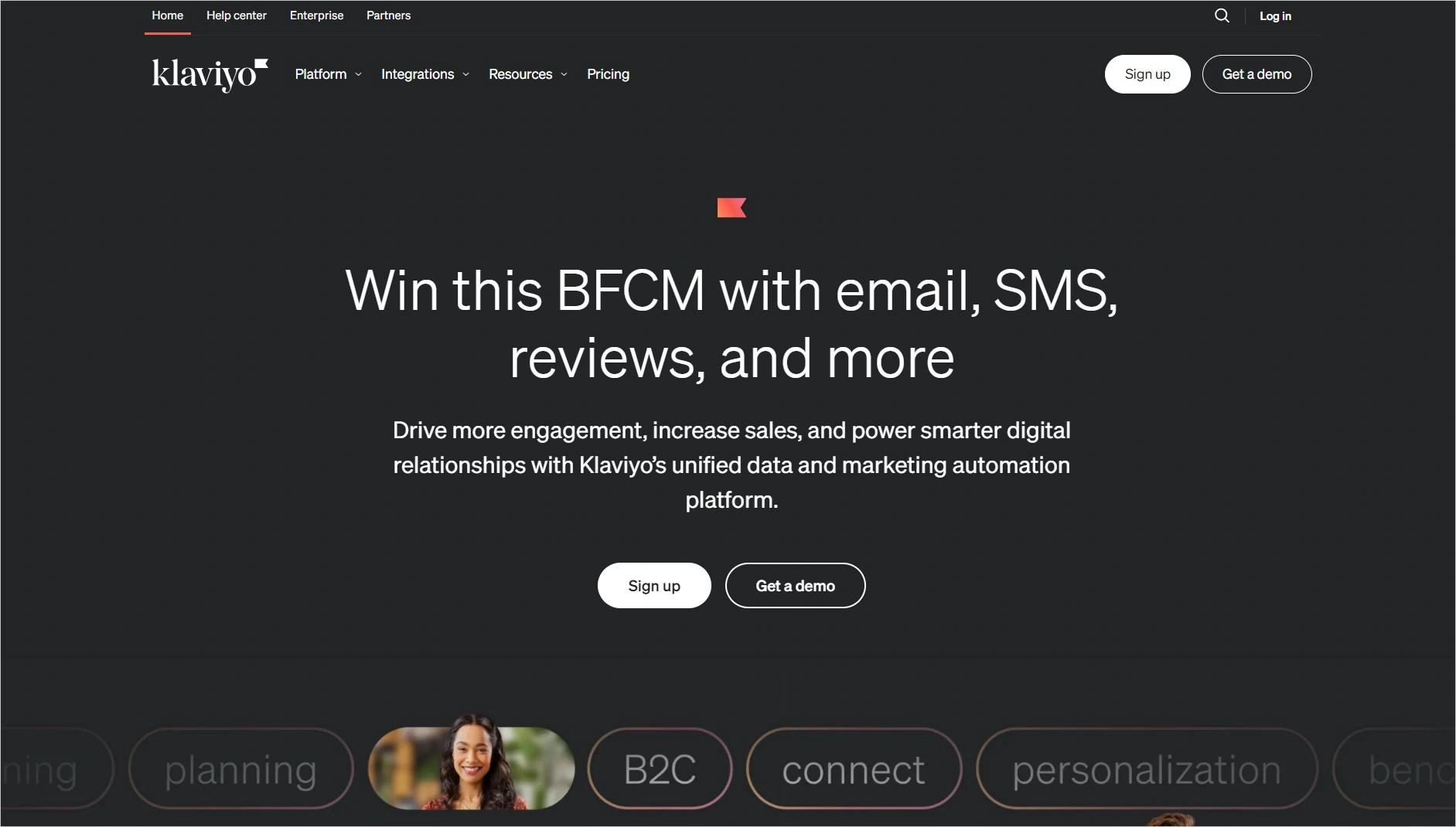 Marketing platform homepage promoting ecommerce marketing tools for BFCM with email, SMS, reviews, and demo options