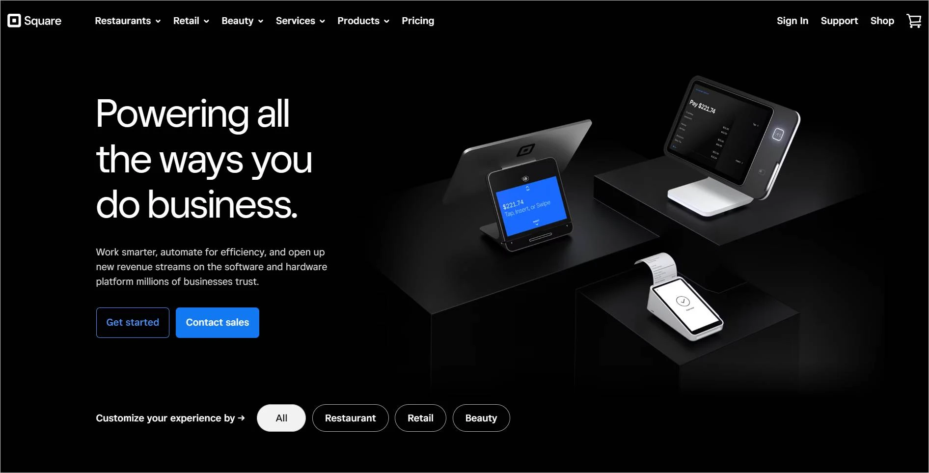 Square homepage showcasing ecommerce payment tools with sleek devices, business categories, and clear sales calls