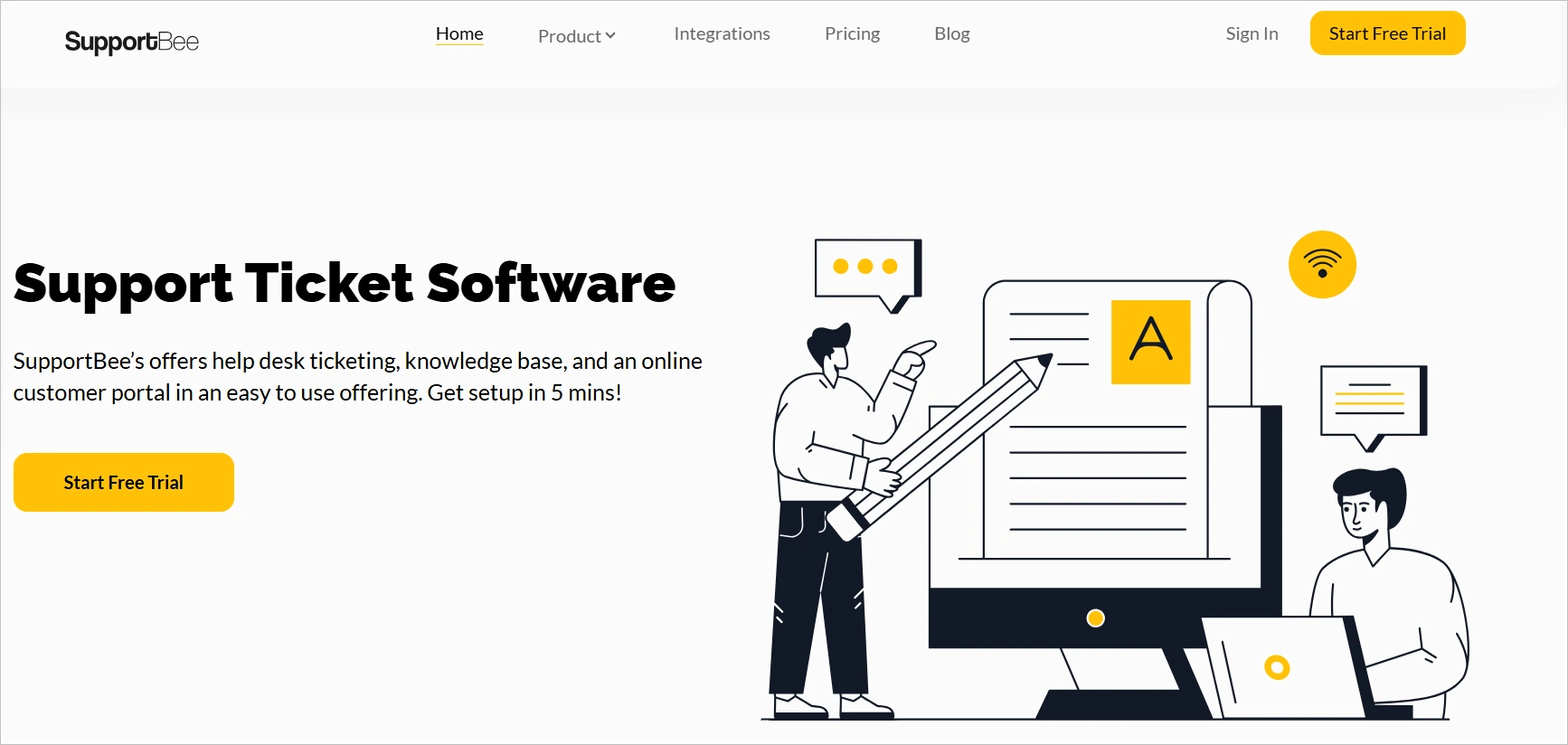 Two people beside a large computer illustration, discussing support ticket software, with text and Free Trial button