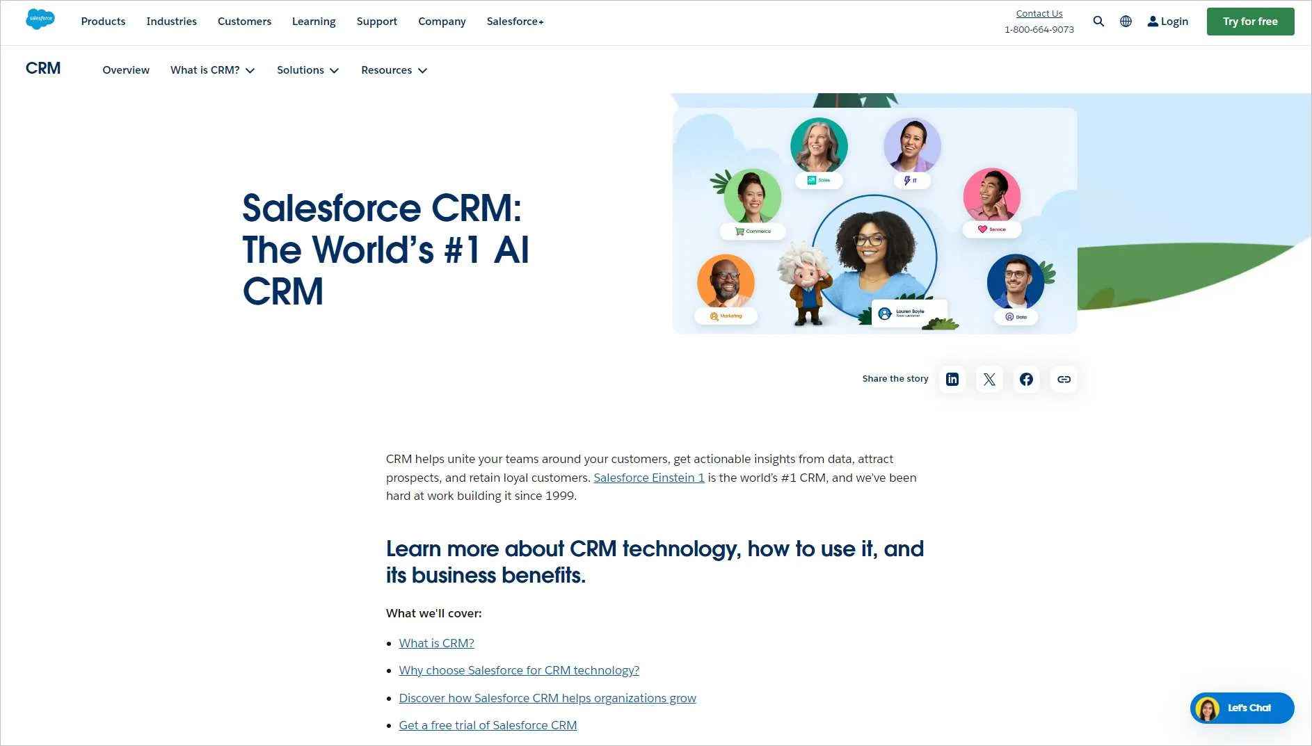 Salesforce CRM homepage promoting AI-powered CRM tools with team avatars, learning resources, and growth-focused messaging