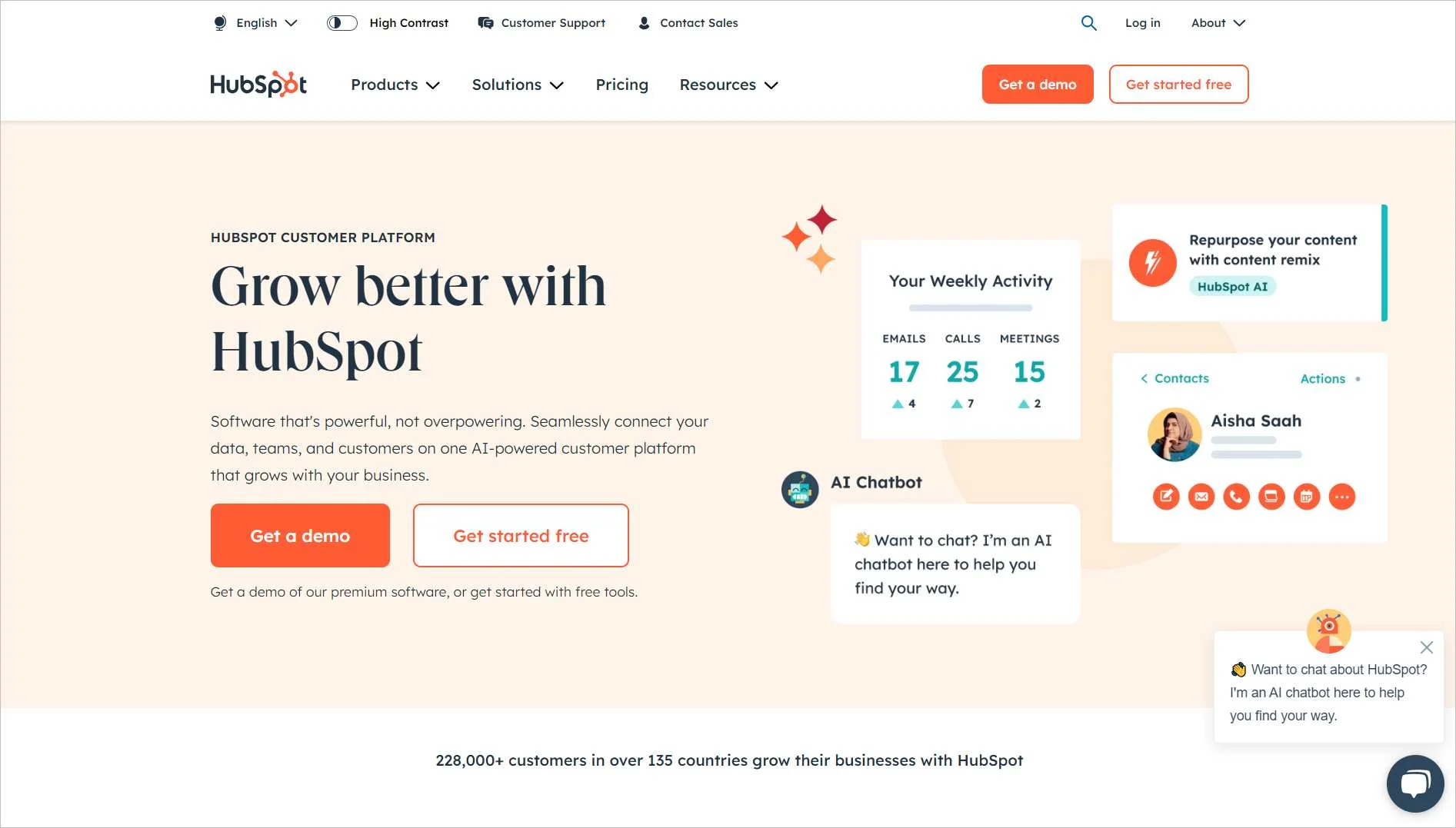 HubSpot homepage presenting marketing and CRM tools with AI chatbot, demo options, and user support sections