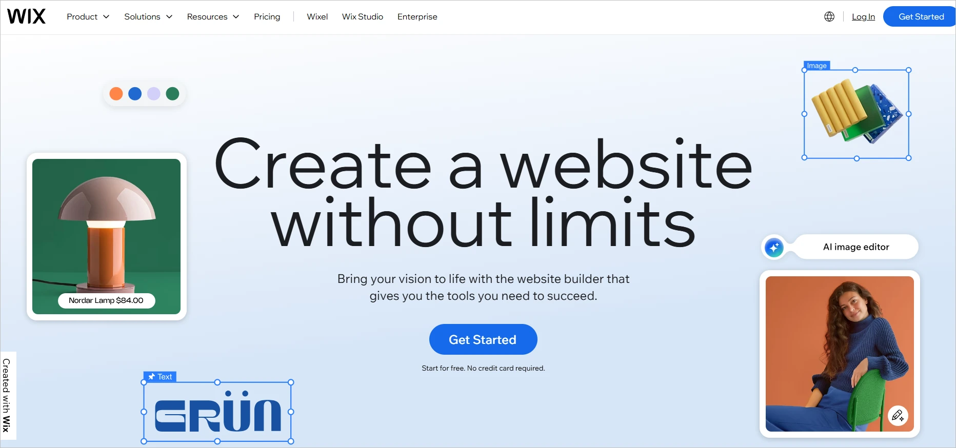Wix homepage promoting website creation tools with visual editor, lifestyle imagery, and a clean blue design